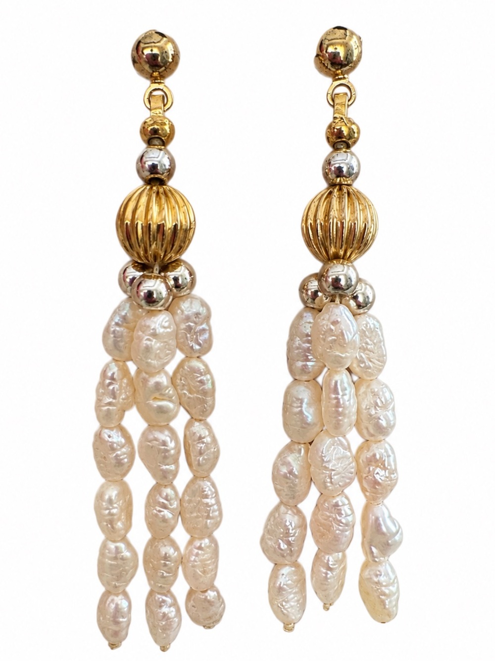 Vintage Pearl Dangle Earrings Gold Silver Tone Beaded Tassel 2” Gold Filled